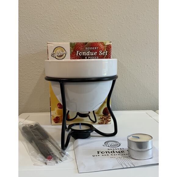 Vtg 2003 Wilton Dessert Fondue 8pcs Set 4 Forks Bowl Stand Candles Holder NOS - Picture 2 of 8